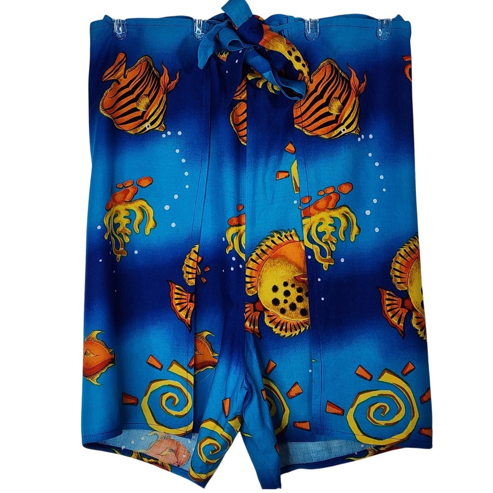Handmade Tropical Fish Wrap Around Shorts Blue Orange Sun Print Large No Tag EUC - Picture 2 of 3
